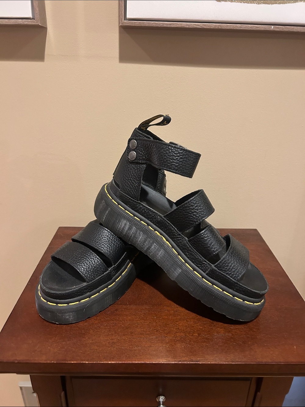 Dr. Martens Black  Women’s Platform Sandals with Yellow Stitching